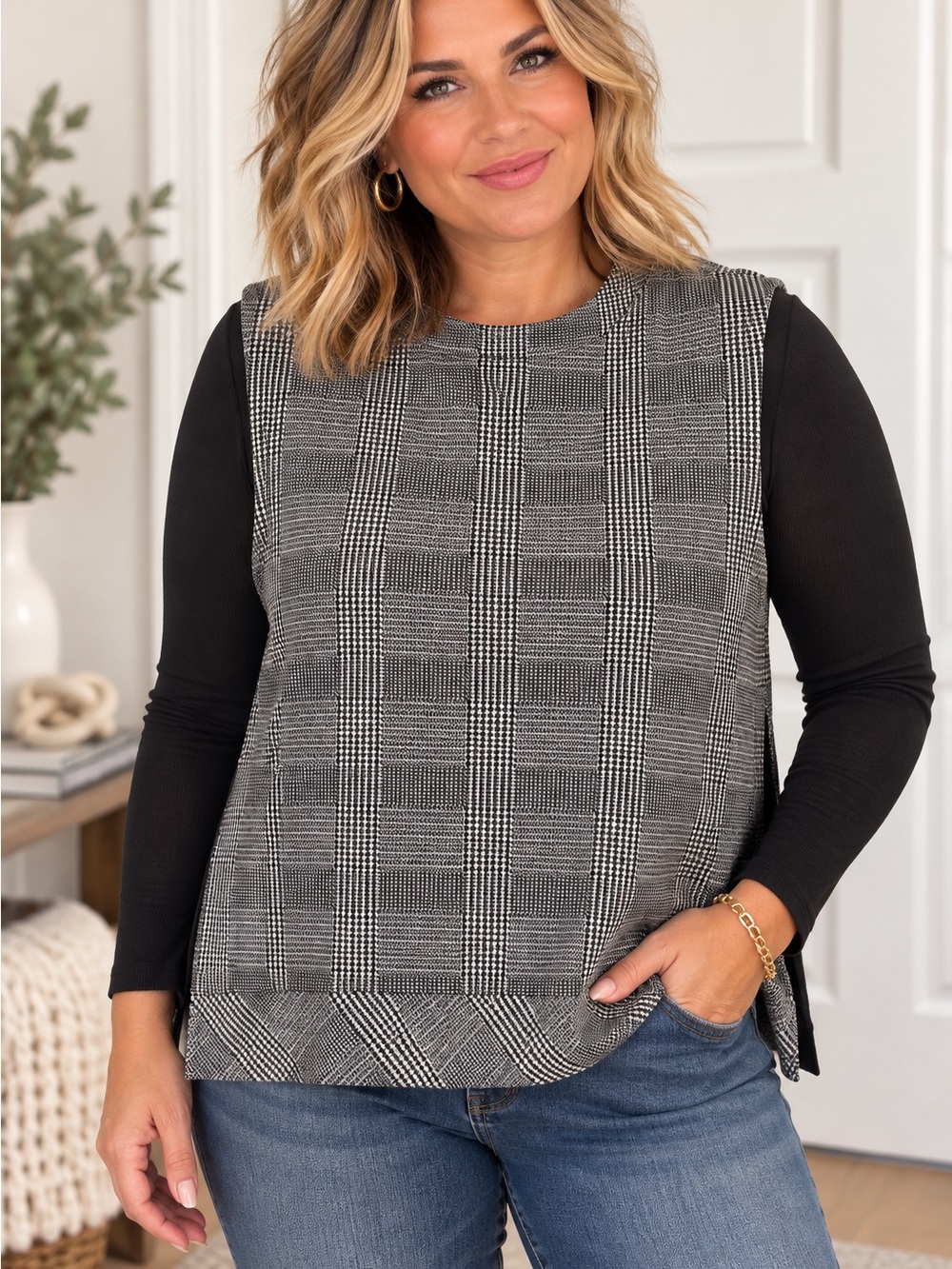 Anne Klein Women’s XL Plaid Sleeveless Mock Neck Sweater Vest Black White NWT
